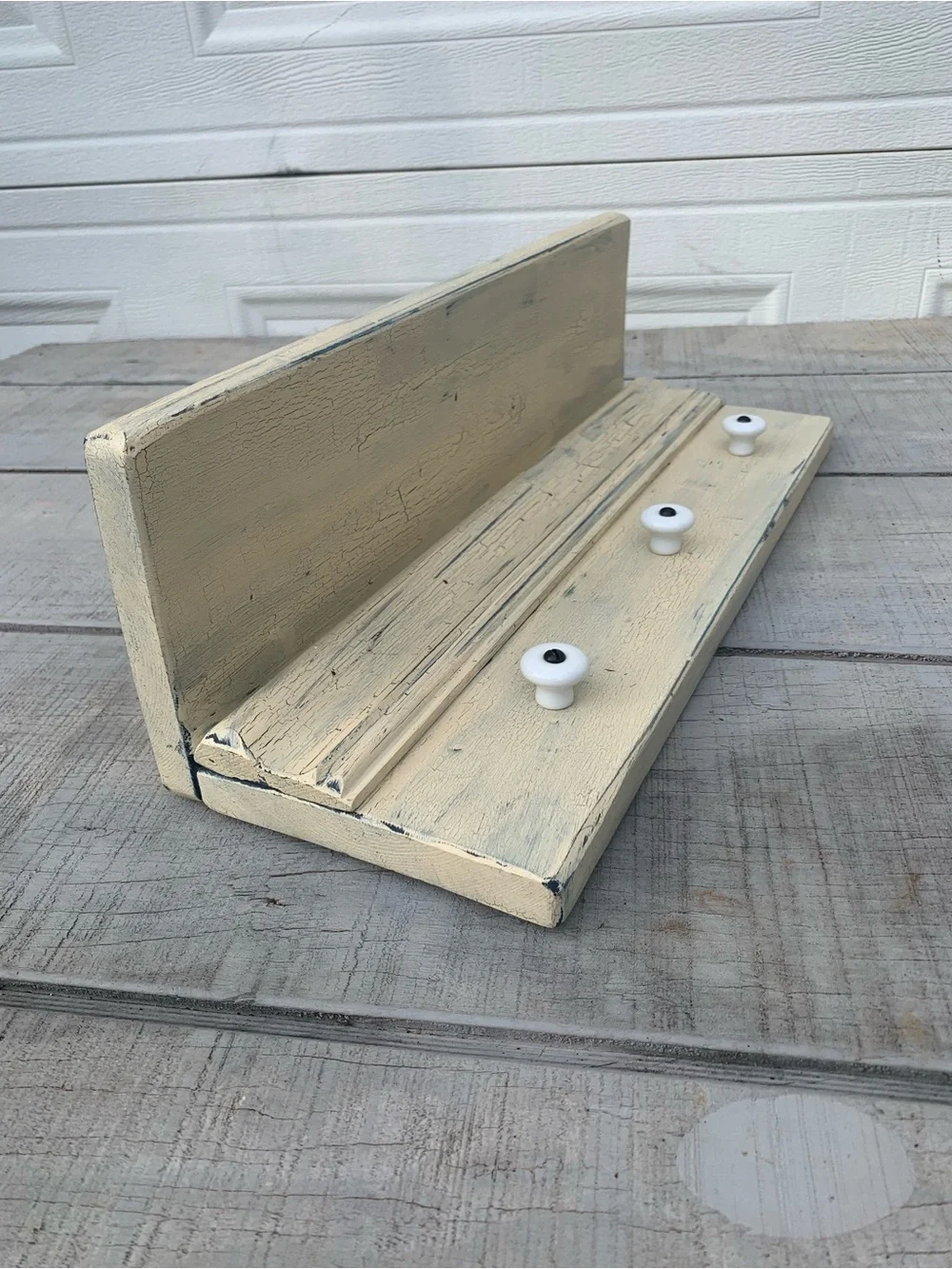 Vintage Farmhouse Wall Shelf with 3 Shaker Pegs Distressed White 17.5” Coat Rack